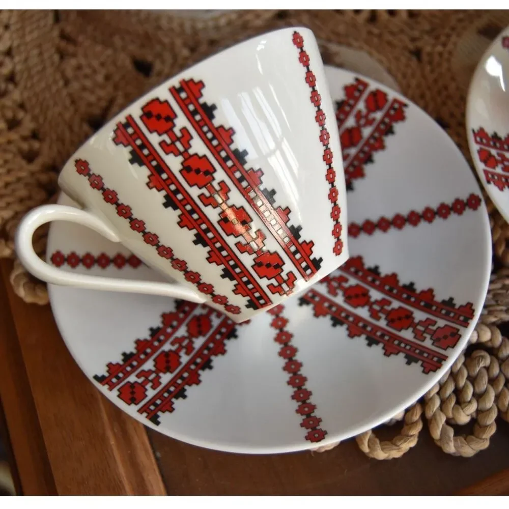 Vintage Alboth Kaiser Bavaria Tea Cups Saucers Set 4 Folk Art Red Black MCM